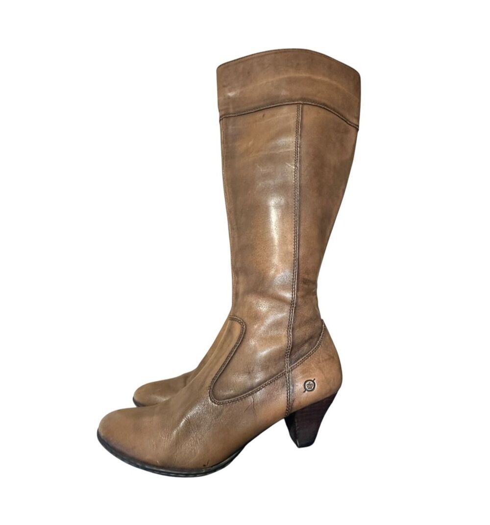 Born Burnished Brown Leather Knee High Heeled Boot Size 9 Side Zipper